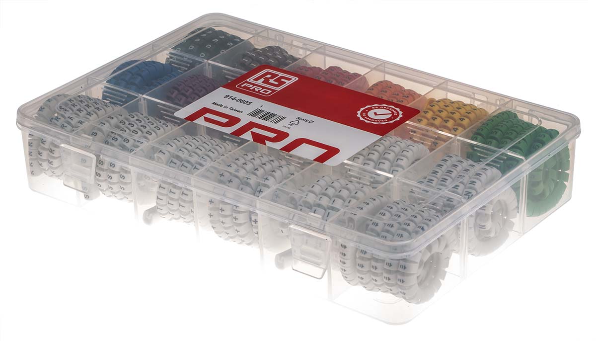 RS PRO Slide On Cable Marker Kit, Black, Blue, Brown, Green, Grey, Orange, Red, Violet, White, Yellow, Pre-printed "-,
