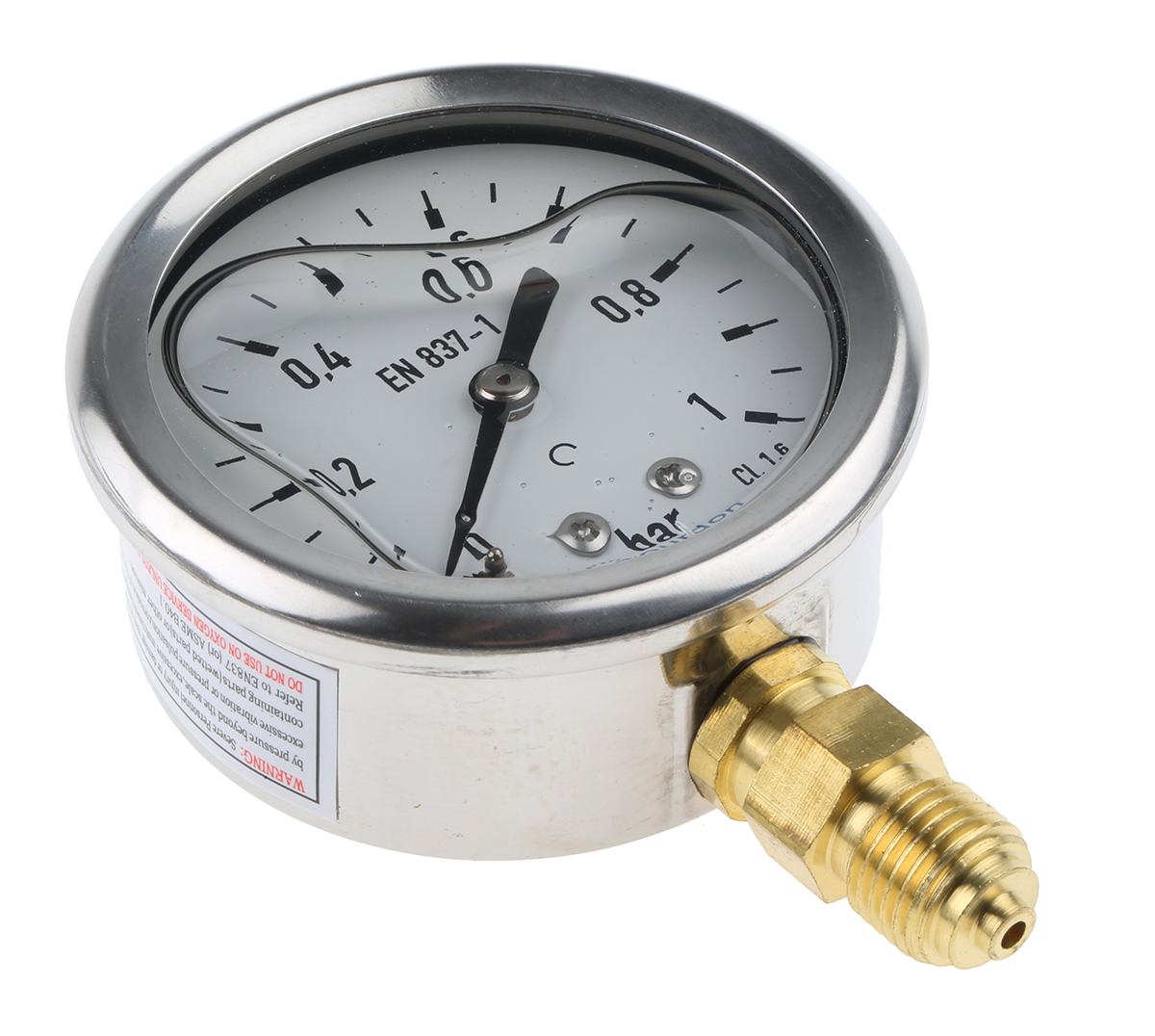 Bourdon G 1/4 Analogue Pressure Gauge 1bar Bottom Entry 63mm Outside Diameter, With RS Calibration
