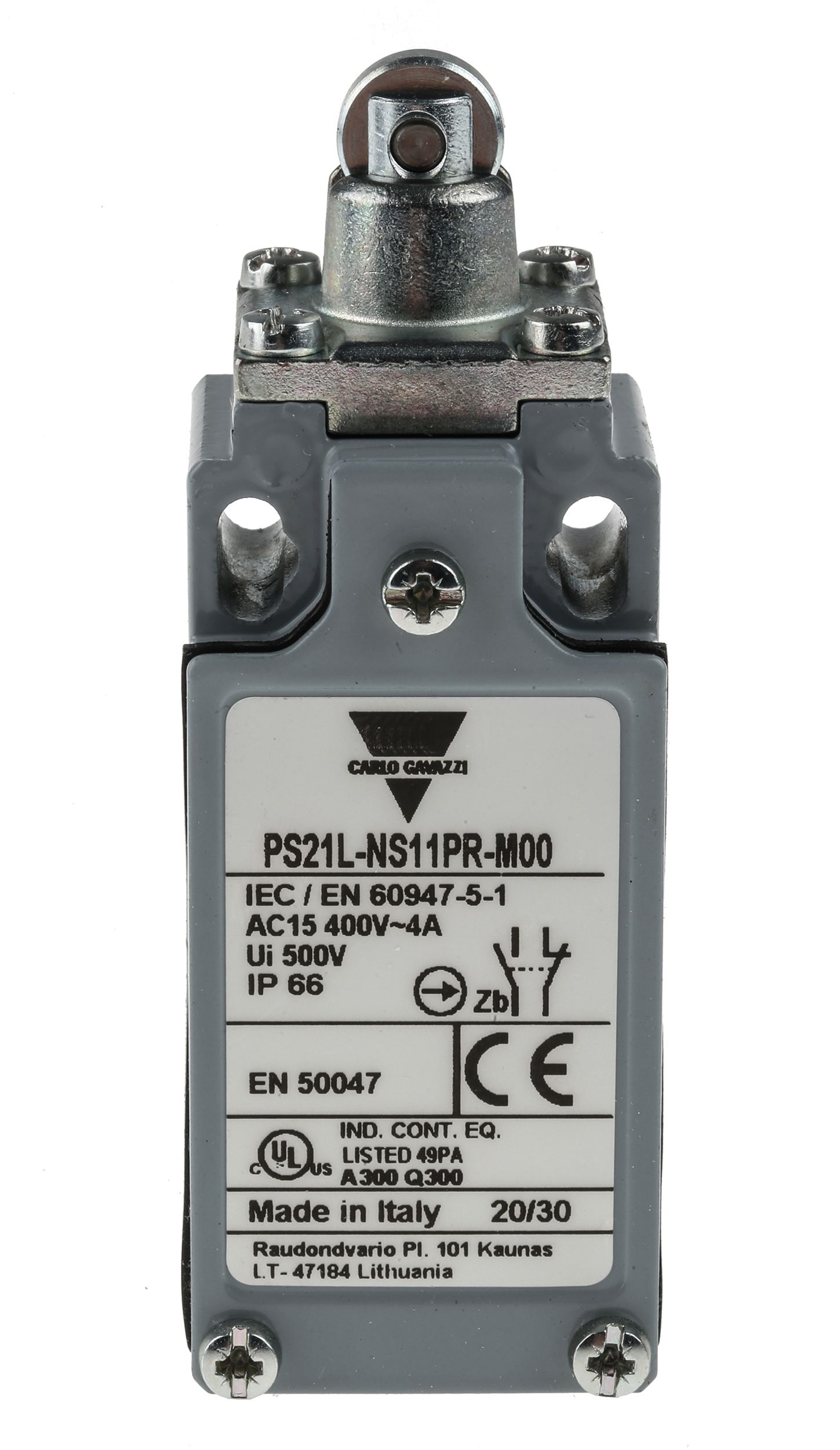 Carlo Gavazzi Roller Plunger Limit Switch, NO/NC, IP66, SPDT, Zinc Housing, 24V ac Max, 24 V ac 10A Max