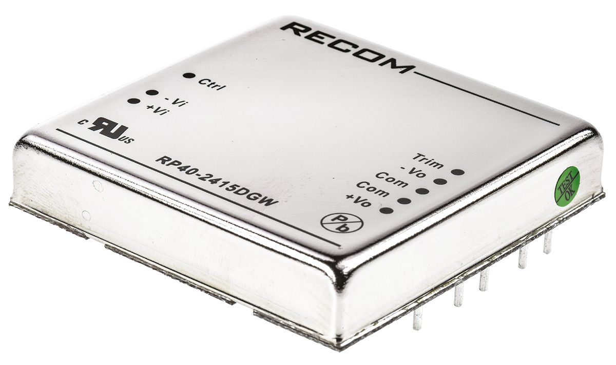 Recom RP40 GW DC-DC Converter, ±15V dc/ ±1.33A Output, 9 → 36 V dc Input, 40W, Through Hole, +105°C Max Temp