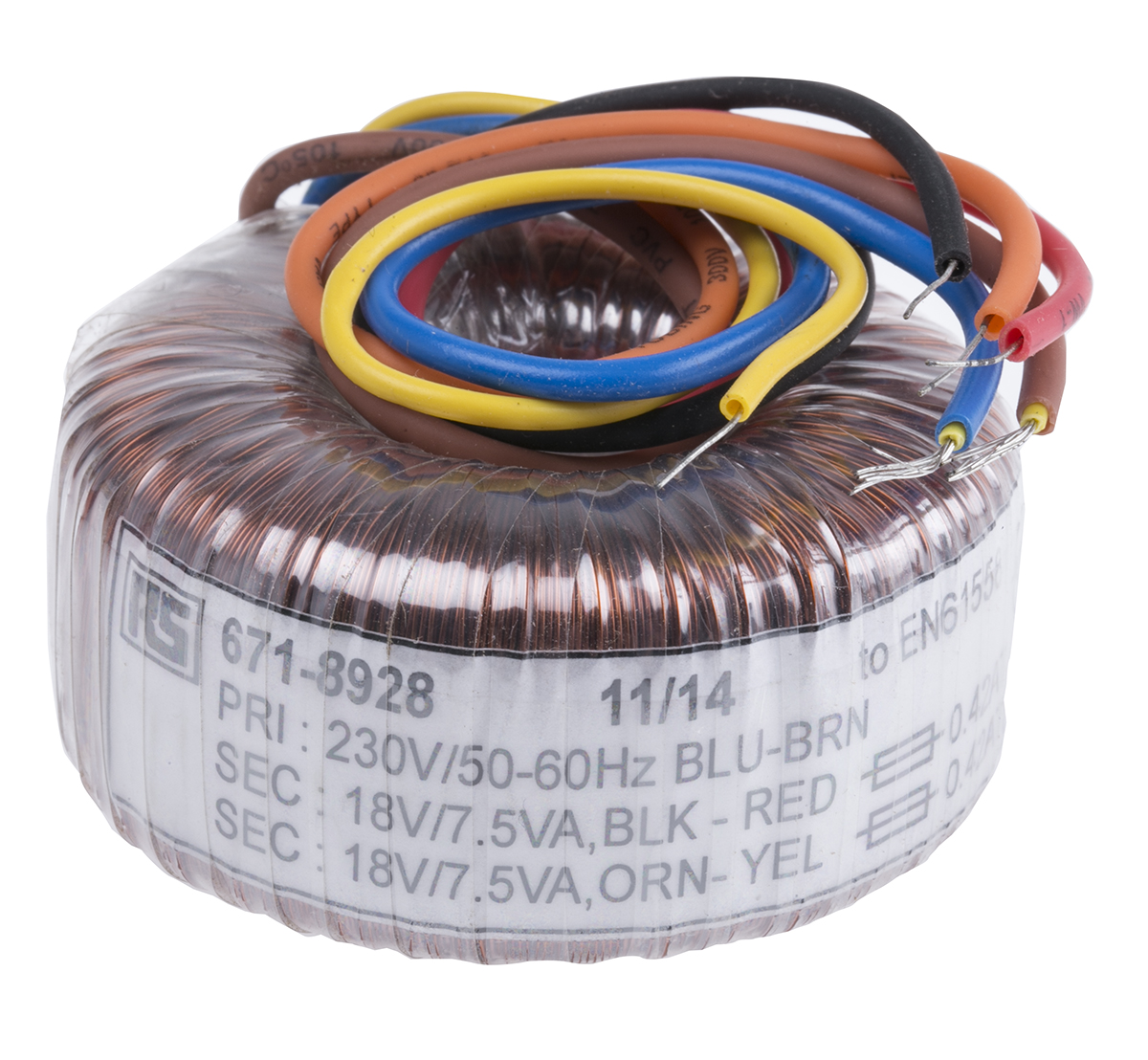 RS PRO 230V ac, 2 x 18V ac Toroidal Transformer, 15VA 2 Output