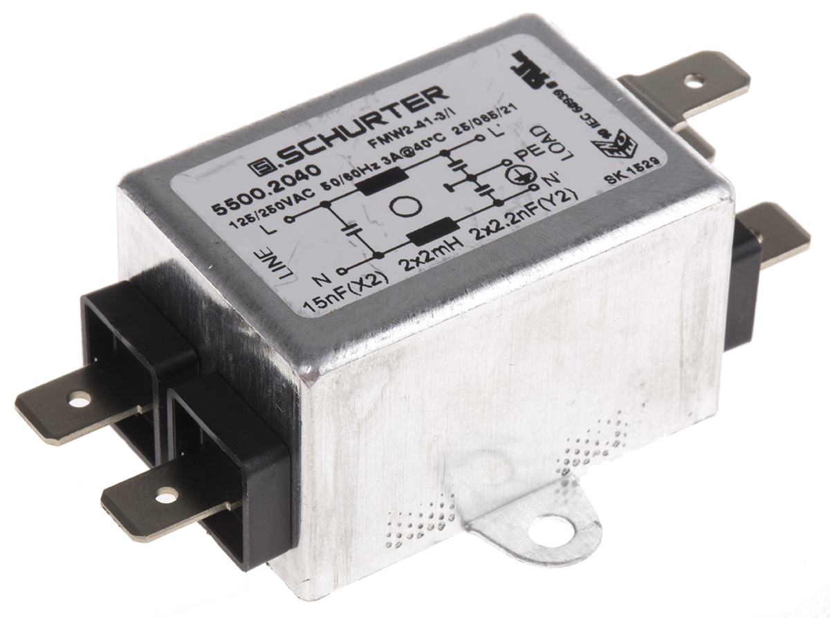 Schurter, FMW2 3A 250 V ac 60Hz, Panel Mount RFI Filter, Solder Tab, Single Phase