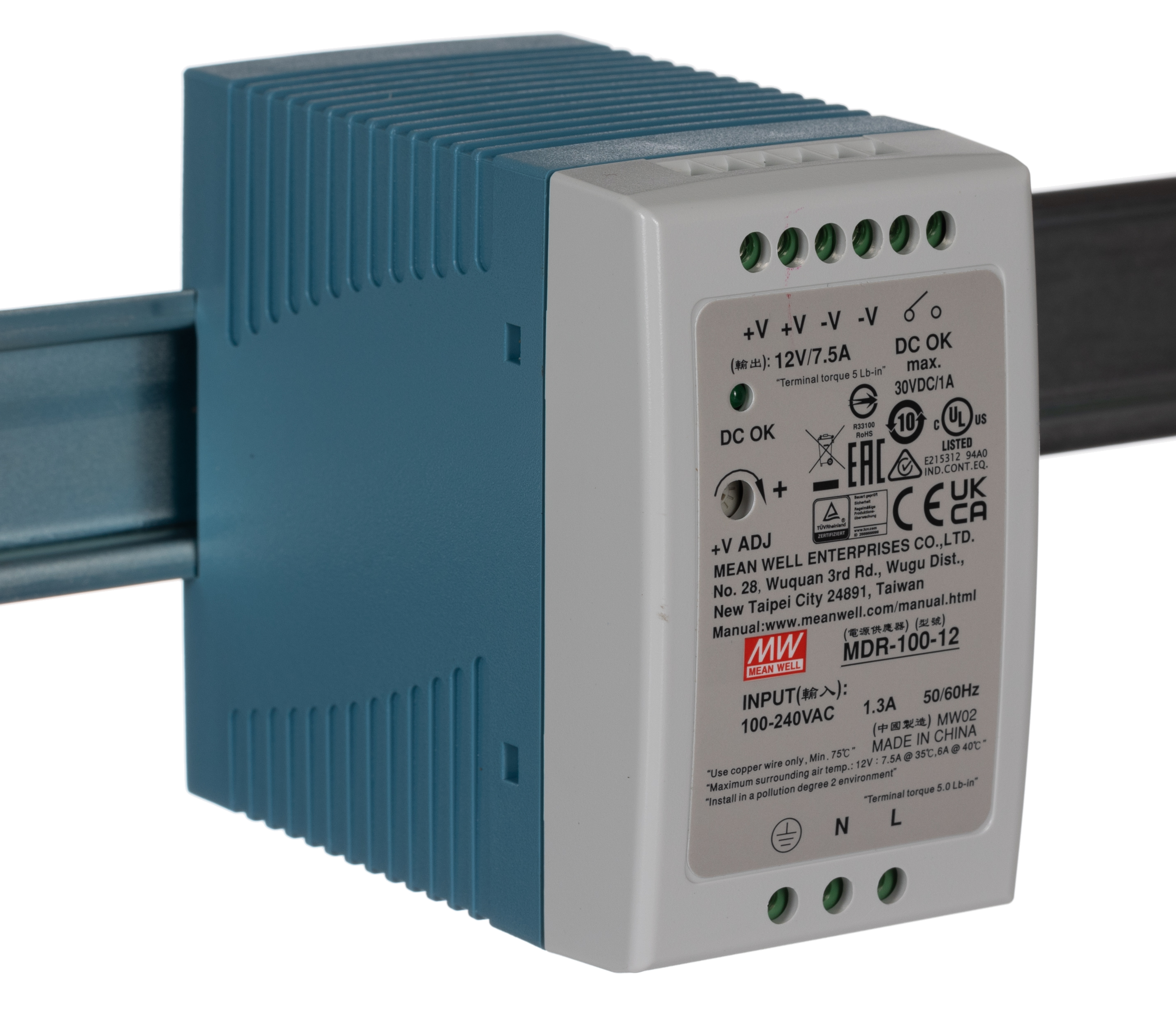 MEAN WELL MDR Switched Mode DIN Rail Power Supply, 85 → 264V ac ac Input, 12V dc dc Output, 7.5A Output, 100W