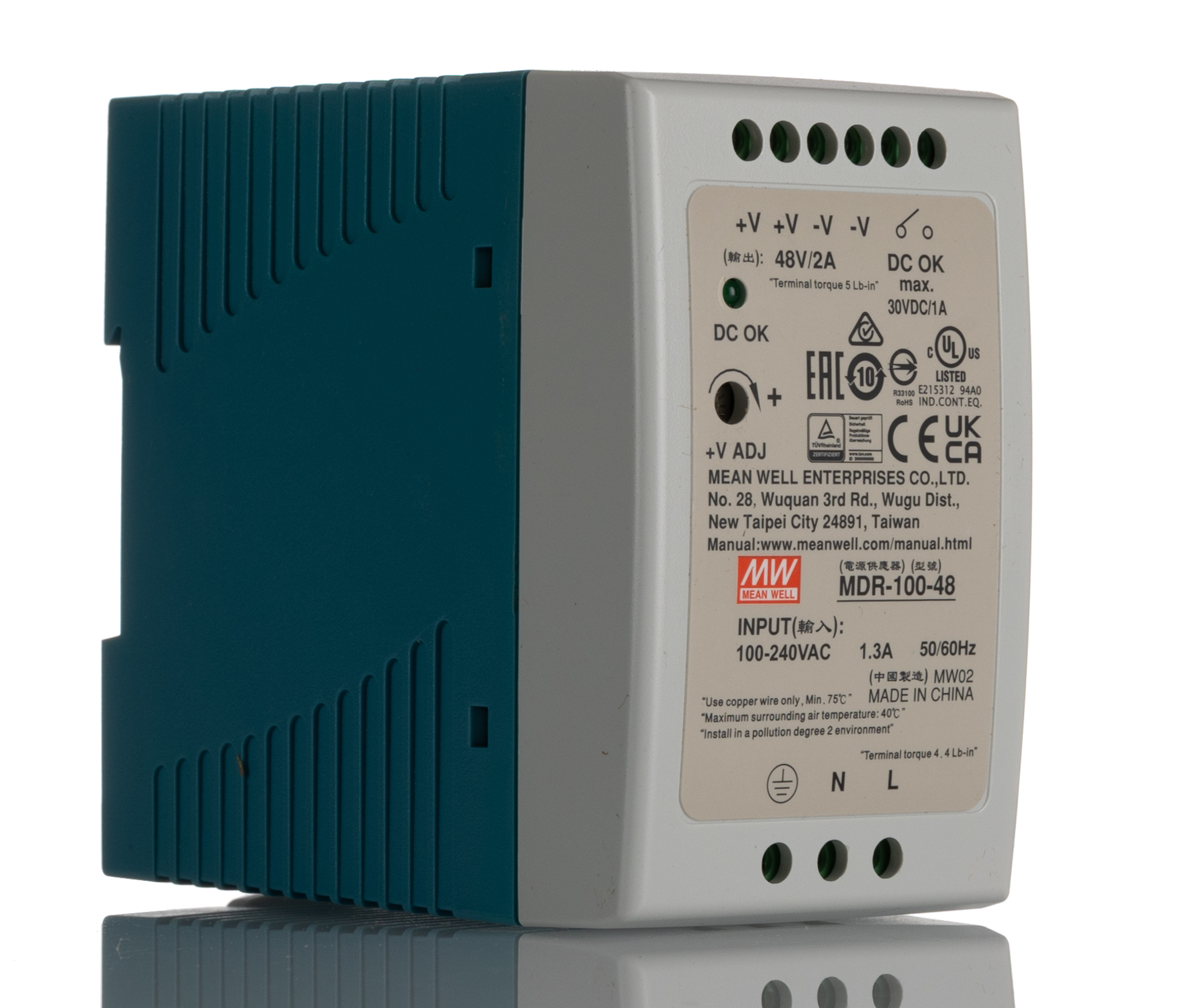 MEAN WELL MDR Switched Mode DIN Rail Power Supply, 85 → 264V ac ac Input, 48V dc dc Output, 2A Output, 100W