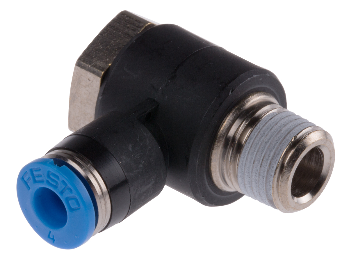 Festo QS Series Elbow Threaded Adaptor, R 1/8 Male to Push In 4 mm, Threaded-to-Tube Connection Style, 153086