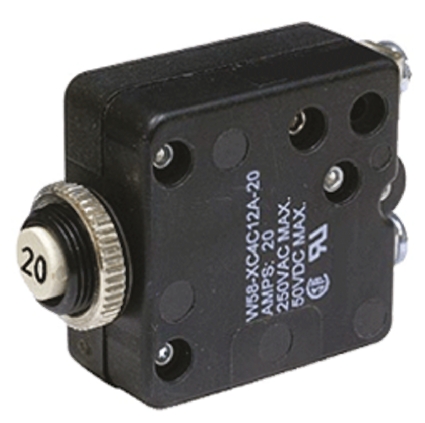 TE Connectivity Thermal Circuit Breaker - W58  Single Pole 50 V dc, 250V ac Voltage Rating, 20A Current Rating