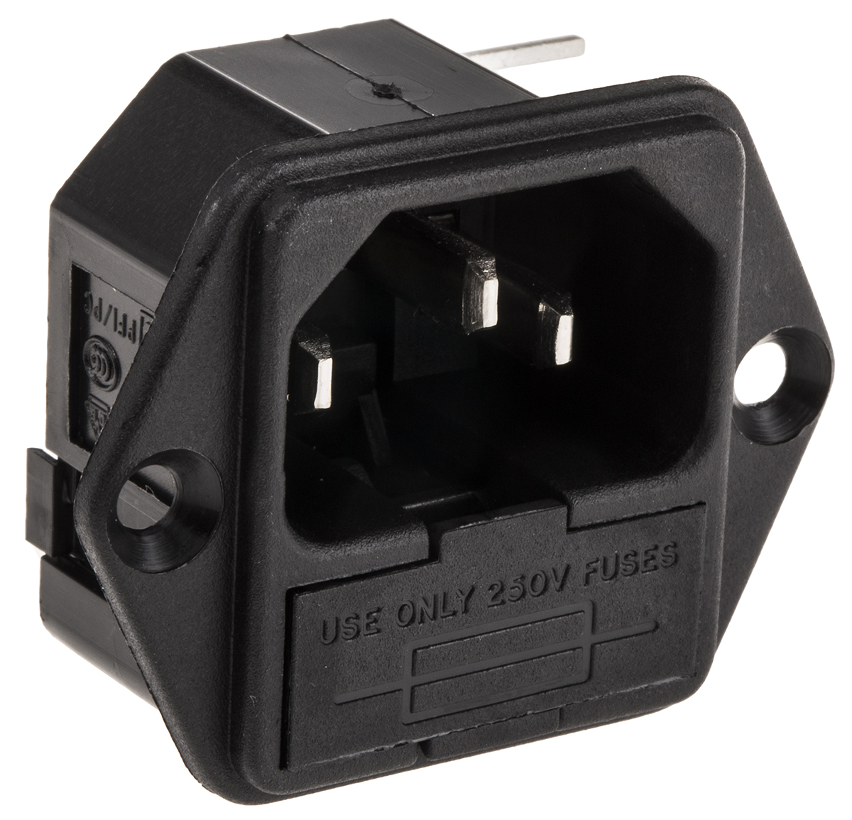 Bulgin C14 Right Angle Flange Mount IEC Connector Male, 10A, 250 V, Fuse Size 5 x 20mm