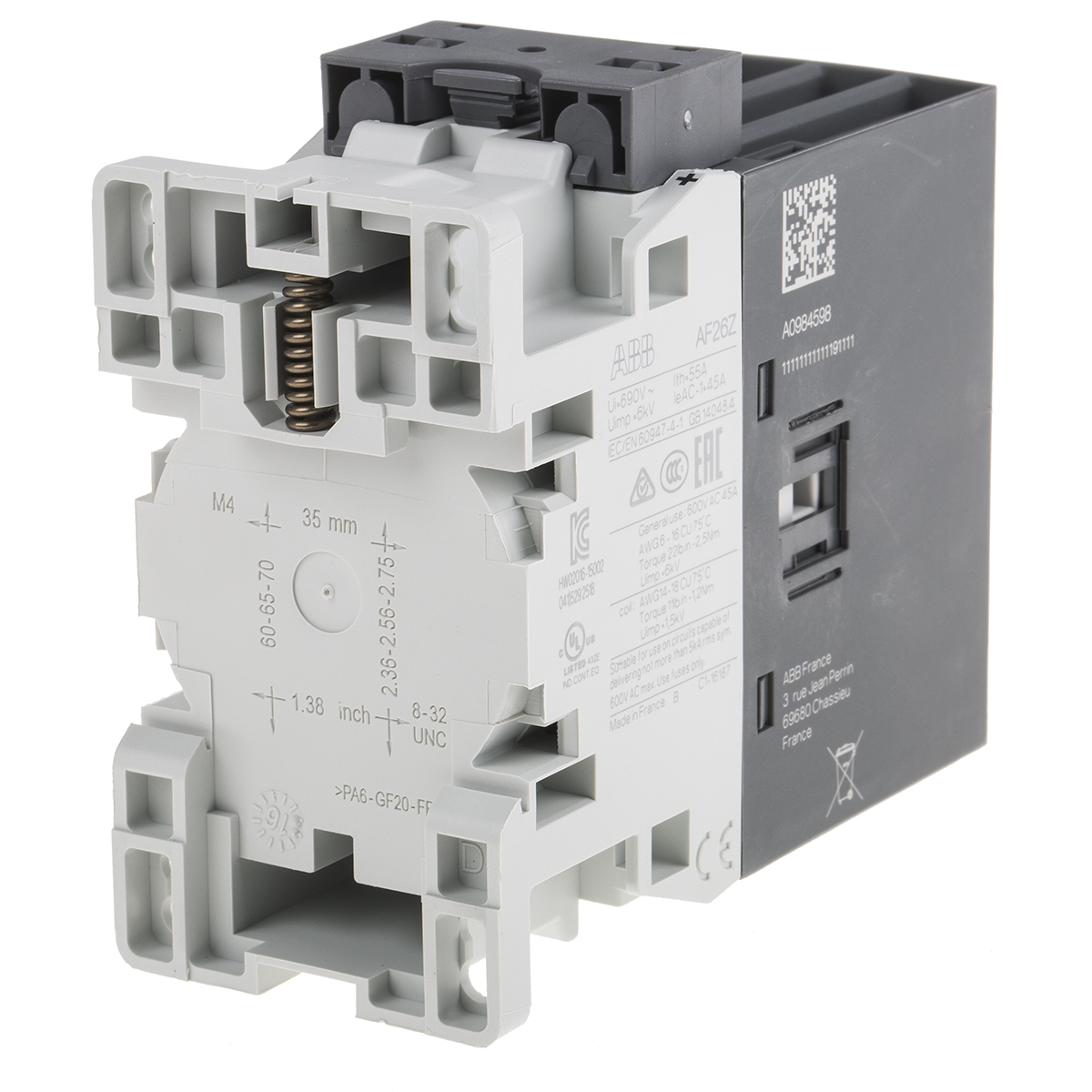 ABB AF26Z Contactor, 12 V dc Coil, 4-Pole, 45 A, 11 kW 20 V, 4 NO, 690V