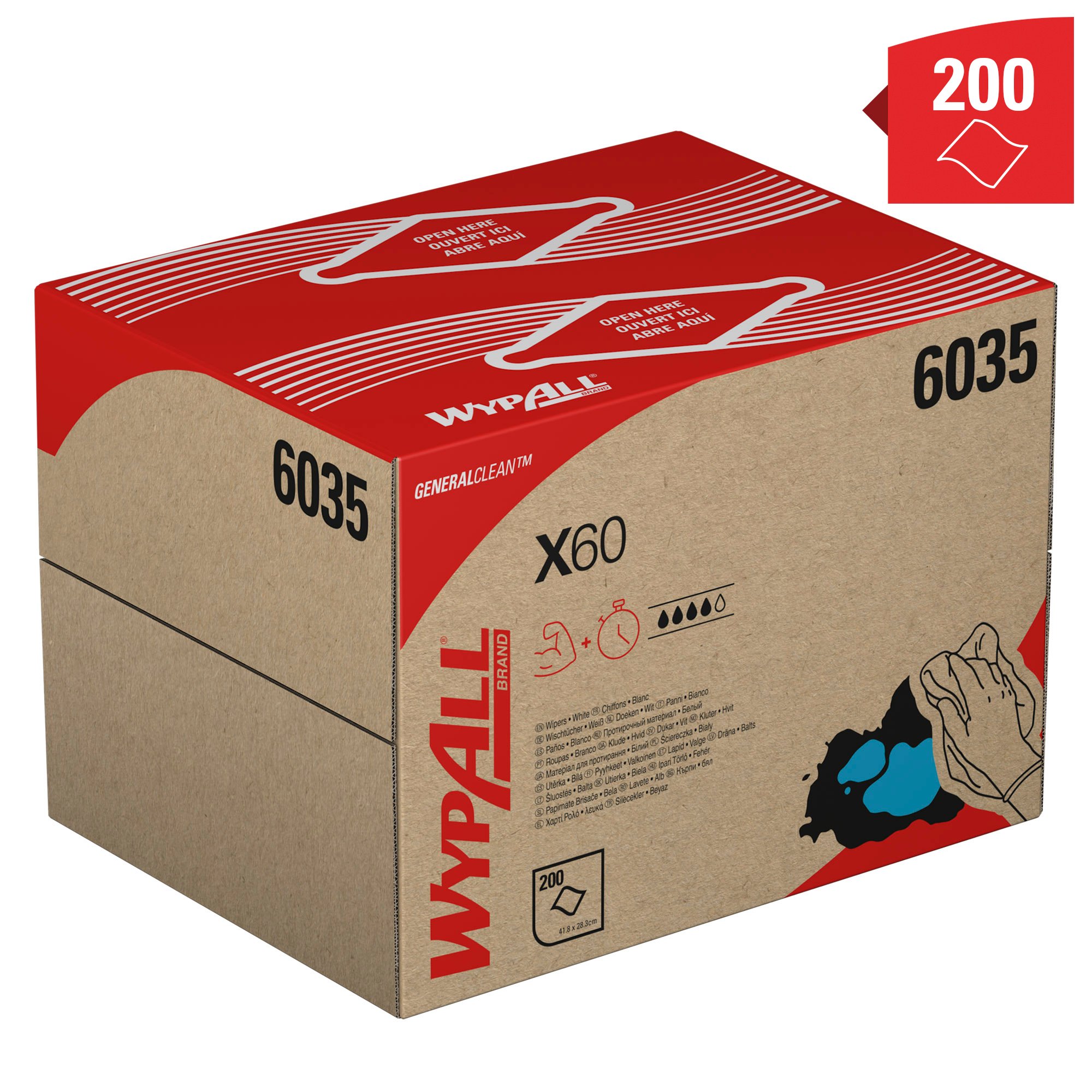Kimberly Clark WypAll® X60 General Clean™ 6035 White Cloths for Industrial Cleaning, Dry Use, Box of 200, 418 x 283mm,