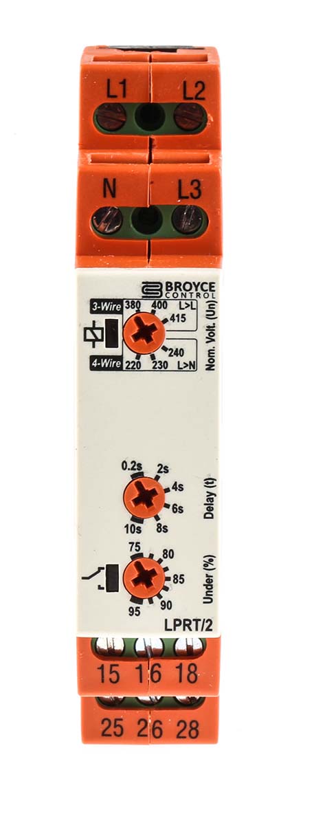 Broyce Control Phase, Voltage Monitoring Relay, 3 Phase, DPDT, 243 → 540 V, DIN Rail