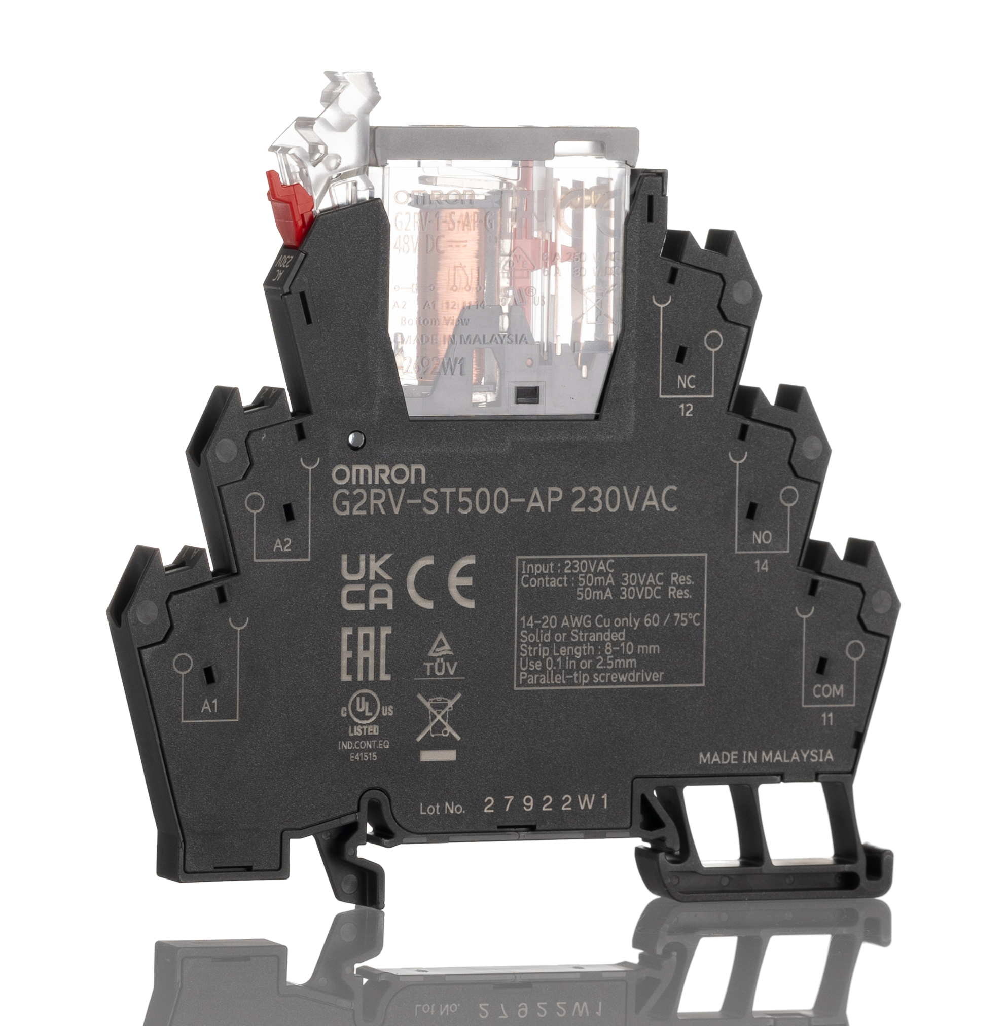 Omron G2RV-ST Series Electromechanical Interface Relay, DIN Rail Mount, 230V ac Coil, SPDT, 1-Pole, 50mA Load