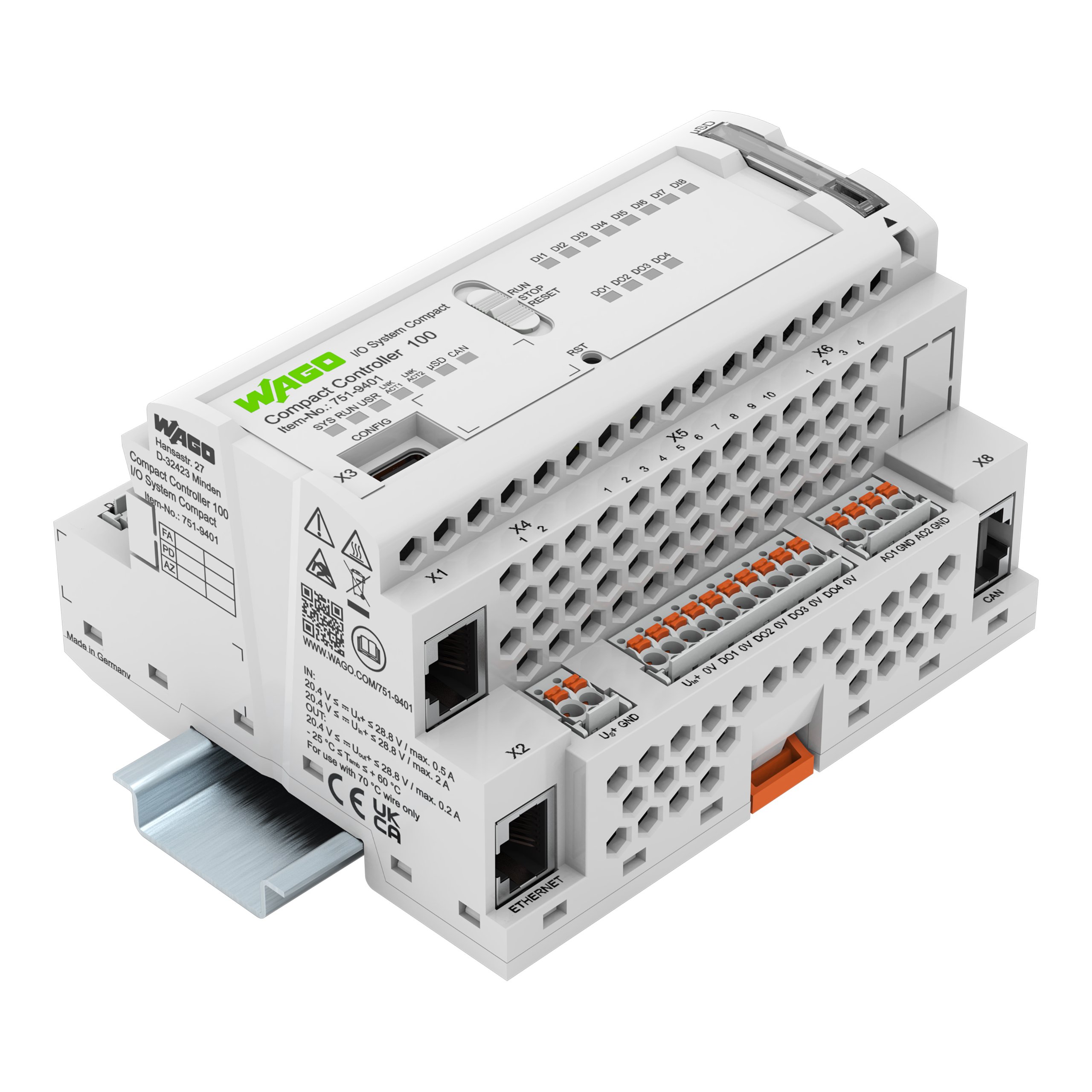 WAGO 751 Series Controller for Use with Automation, 24 V dc Supply, Digital Output, 8-Input, Digital Input