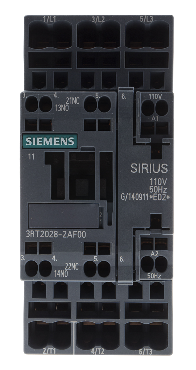 Siemens SIRIUS 3RT Size S0, 3RT2 Contactor, 110 V ac Coil, 3-Pole, 38 A, 18.5 kW, 3NO, 400 V ac