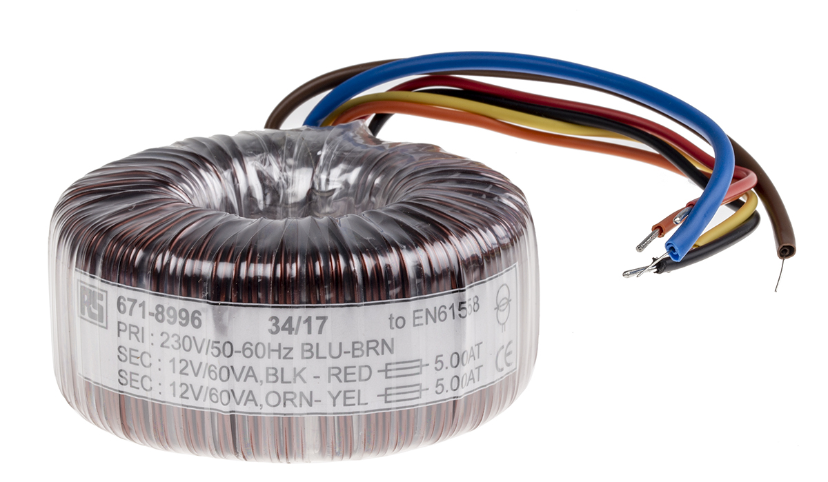 RS PRO 230V ac, 2 x 12V ac Toroidal Transformer, 120VA 2 Output