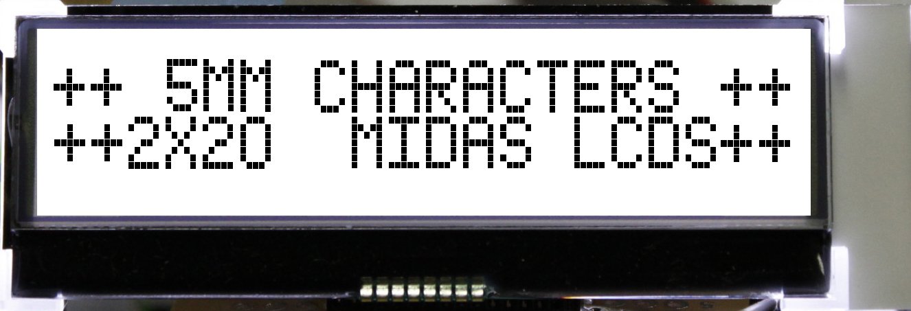 Midas MCCOG22005A6W-FPTLWI Alphanumeric LCD Display, White on Blue, 2 Rows by 20 Characters, Transflective