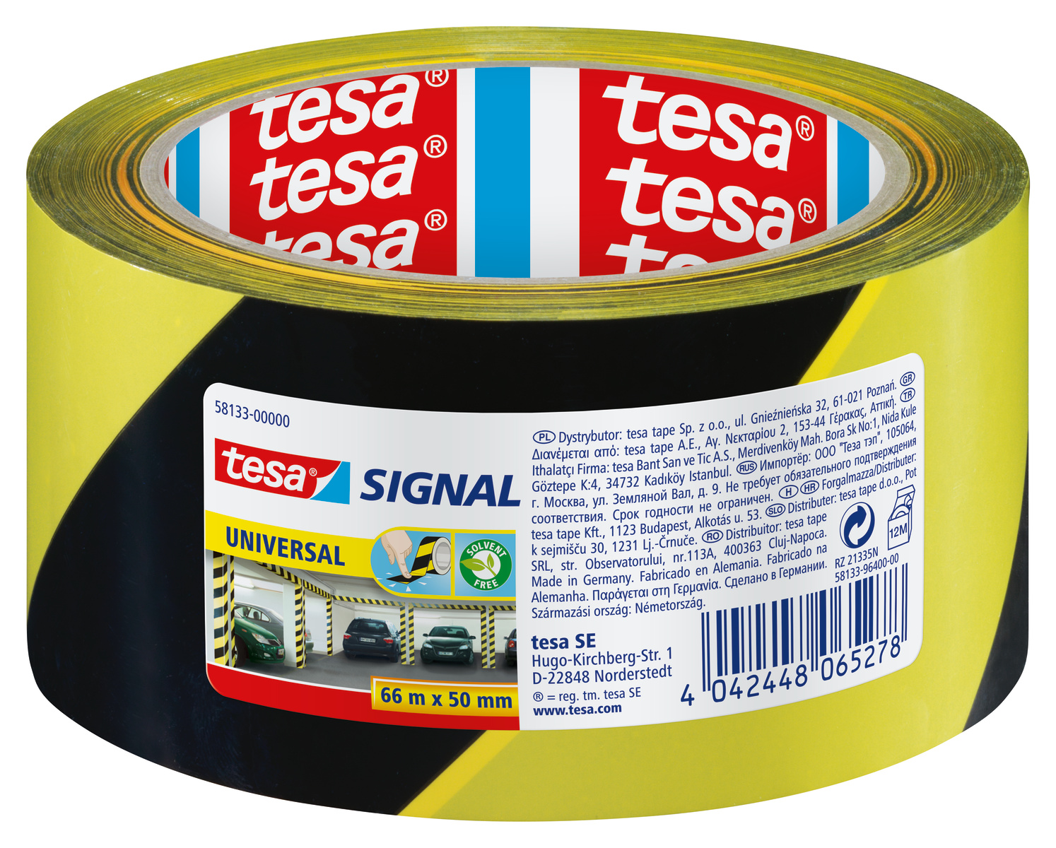 Tesa 58133 Black/Yellow PP 66m Hazard Tape, 0.052mm Thickness