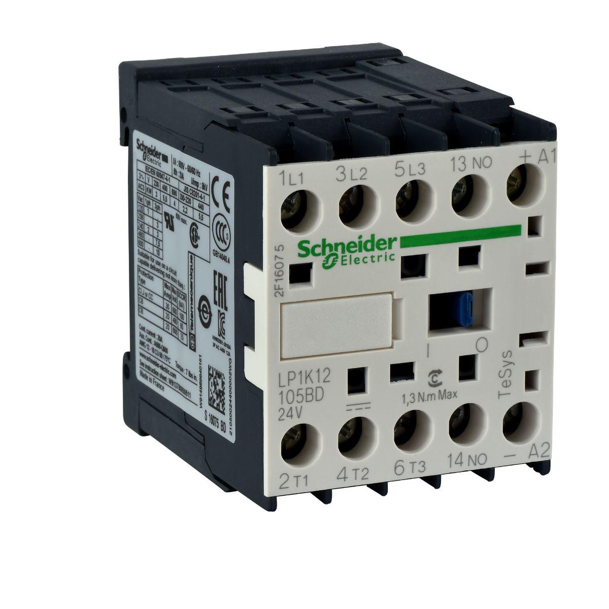 Schneider Electric LP1K Contactor, 24 V Coil, 3-Pole, 12 A 24 V, 1 NO/1 NC, 690V
