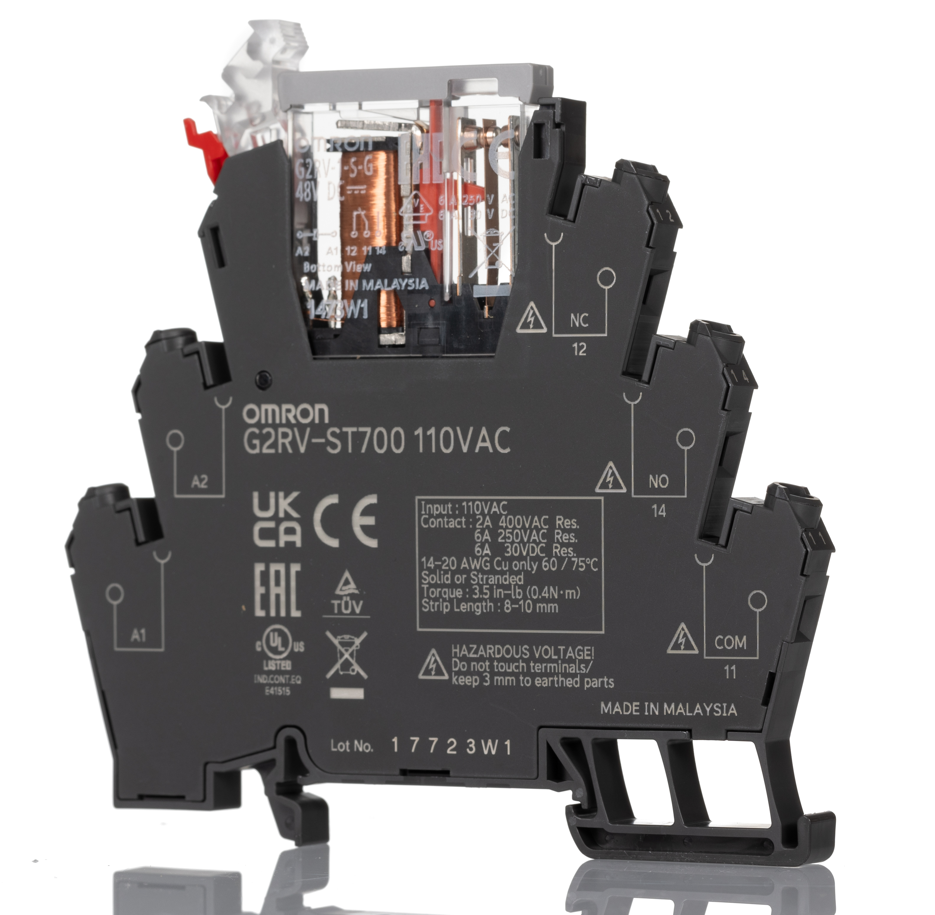 Omron G2RV-ST Series Electromechanical Interface Relay, DIN Rail Mount, 110V ac Coil, SPDT, 1-Pole, 6A Load