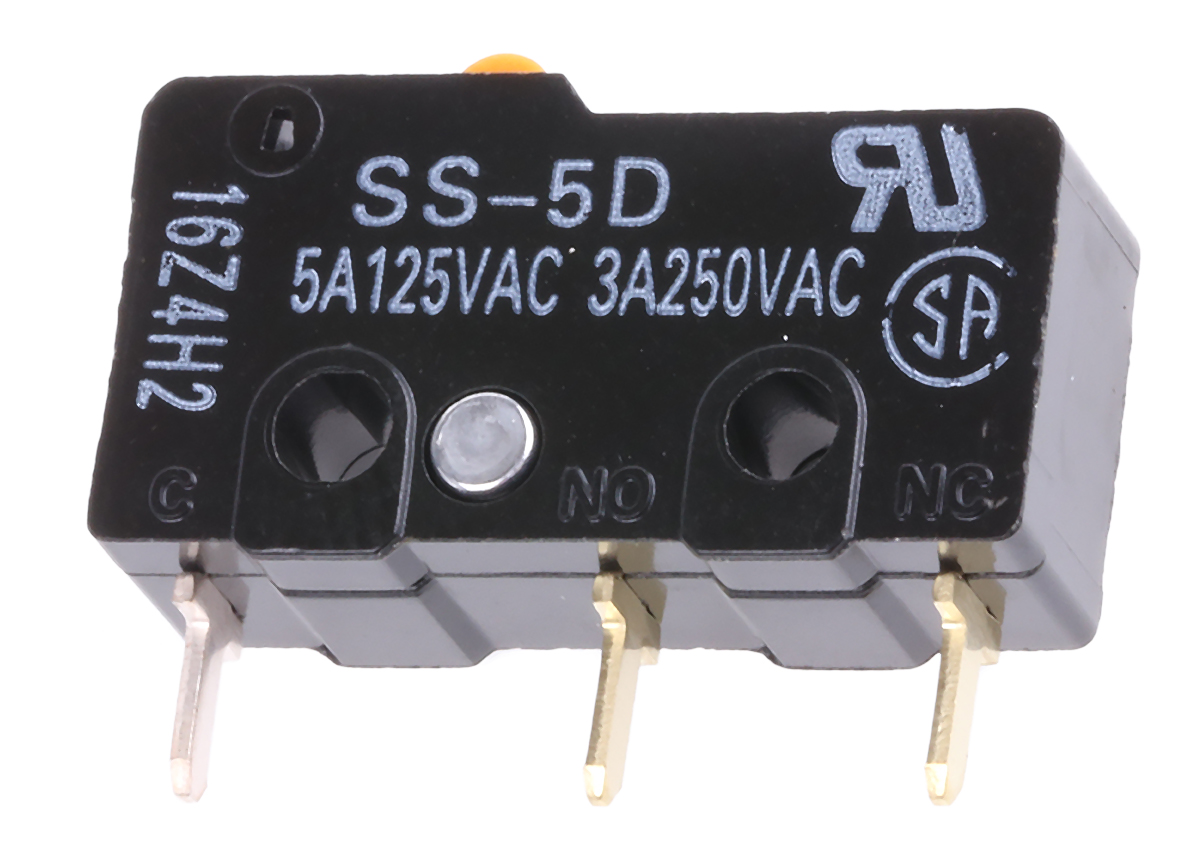 Omron Pin Plunger Micro Switch, Through Hole Terminal, 5 A @ 125 V ac, SPDT, IP40