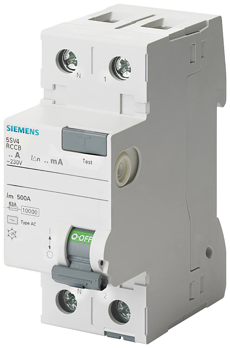 Siemens RCBO, 25A Current Rating, 2P Poles, 30mA Trip Sensitivity, Type AC, Sentron Range
