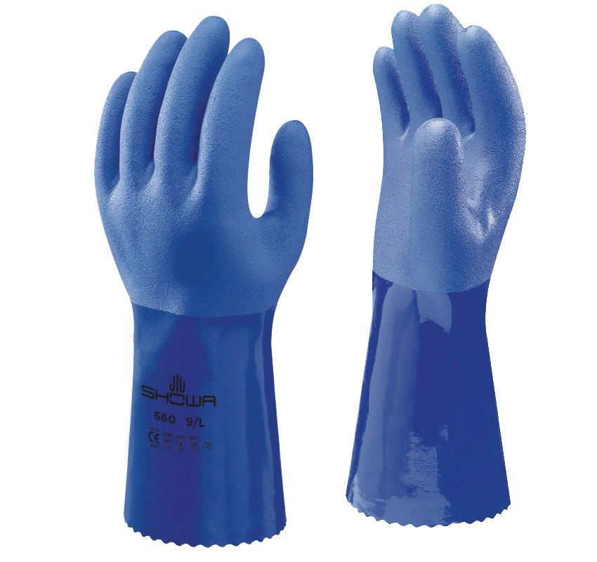 Showa 660 Blue Cotton Cotton Chemical Resistant Gloves, Size XL, Polyvinyl Chloride Coating