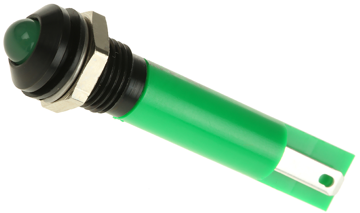 RS PRO Green Panel Mount Indicator, 24V ac/dc, 8mm Mounting Hole Size, Solder Tab Termination, IP67