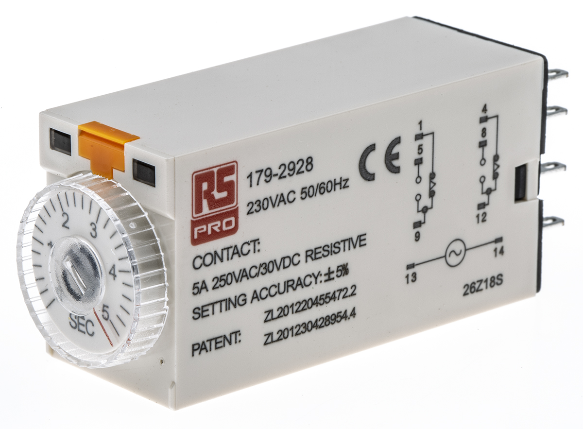 RS PRO Plug In Timer Relay, 230V ac, 2-Contact, 0.2 → 5s, 1-Function, DPDT