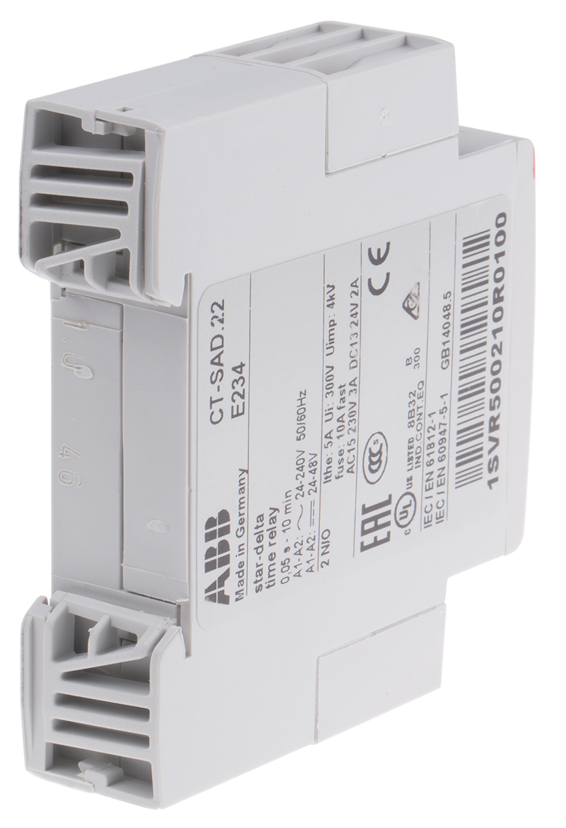 ABB 1SVR Series DIN Rail Mount Timer Relay, 24 → 240 V ac, 24 → 48V dc, 2-Contact, 0.05 s → 10min,