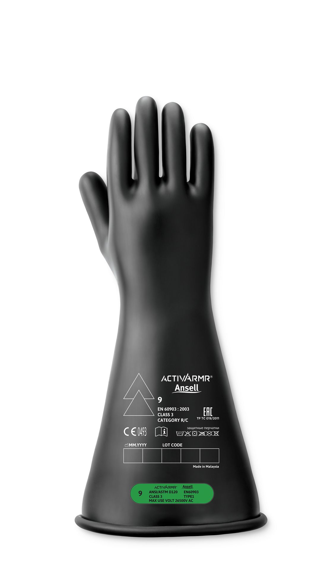 Ansell RIG316B Black Latex Electrical Insulating Gloves, Size 10, Latex Coating