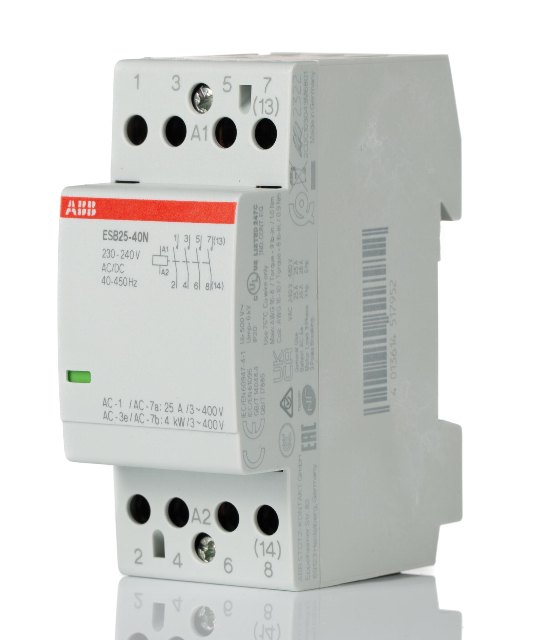 ABB ESB25-40N-06 Contactor, 230 V ac Coil, 4-Pole, 25 A, 4 kW, 4NO, 230 → 240 V ac/dc