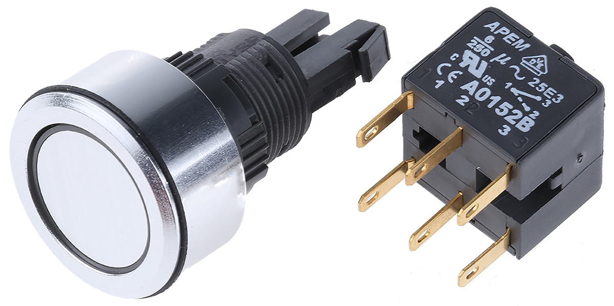 APEM Push Button Switch, Momentary, Panel Mount, 16mm Cutout, IP65