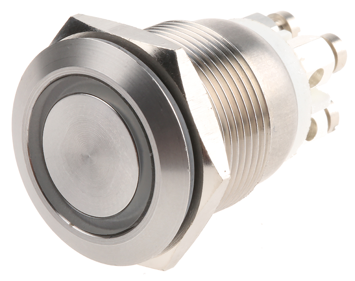Bulgin MPI002 Series Illuminated Push Button Switch, Momentary, Panel Mount, 19.2mm Cutout, SPST, White LED, 24V dc,