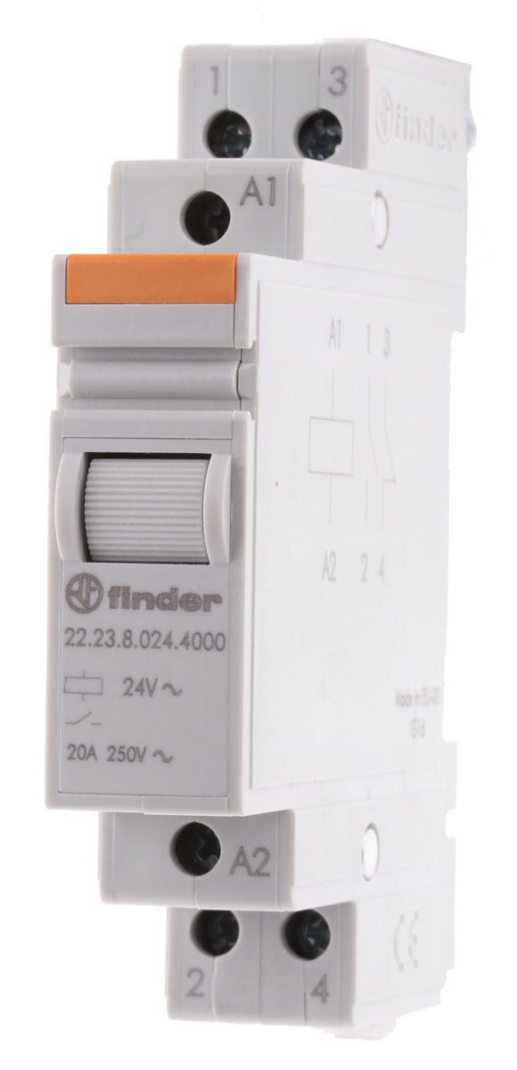 Finder DIN Rail Power Relay, 24V ac Coil, 20A Switching Current, SPST-NC, SPST-NO