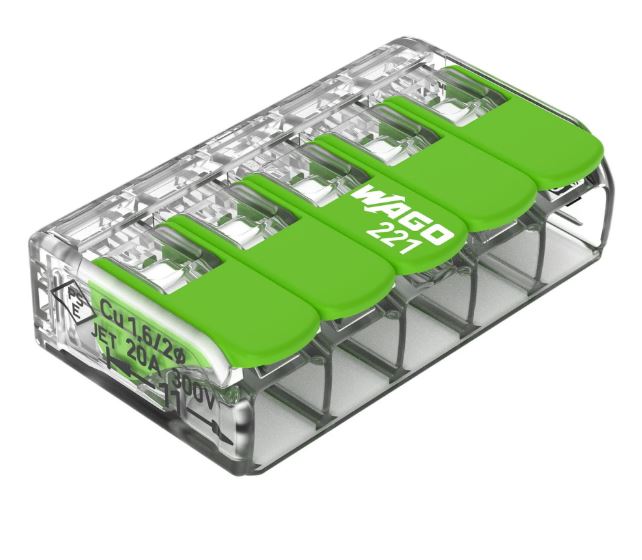 WAGO 221 Series Lever Connector, 5-Way, 0.14 → 4 mm² Wire