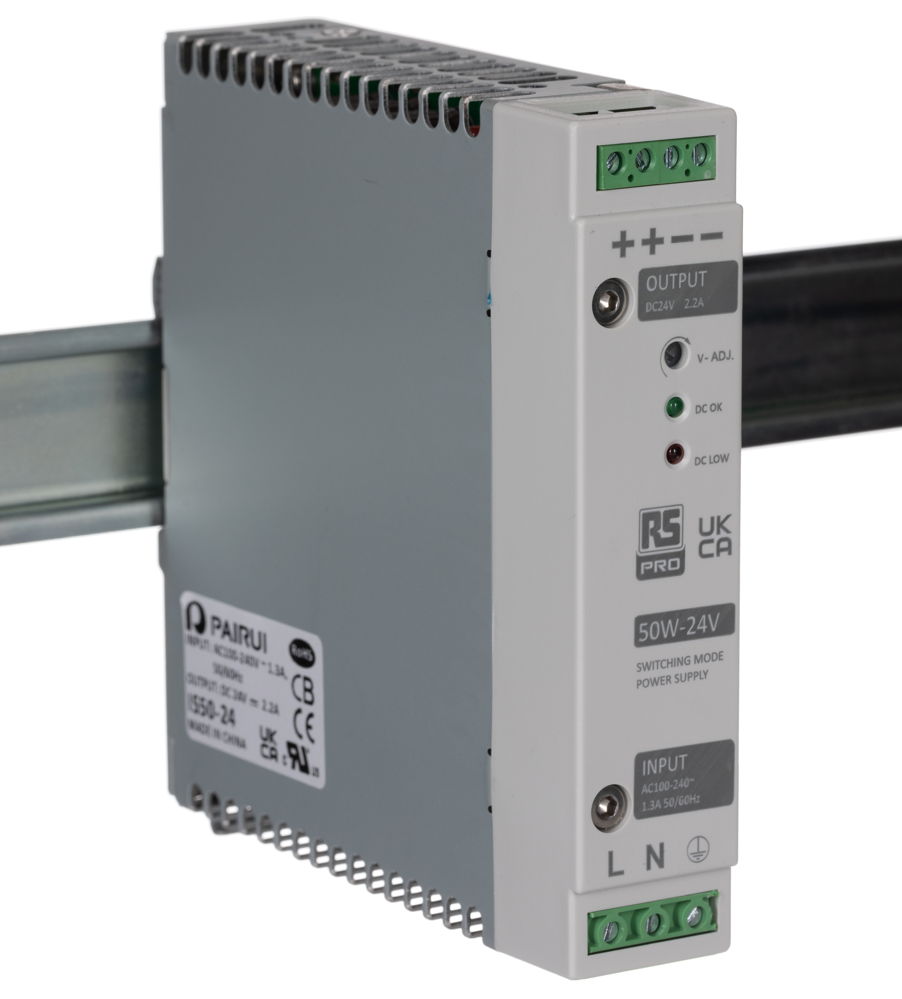 RS PRO Switched Mode DIN Rail Power Supply, 230V ac, 24V dc dc Output, 2.2A Output, 50W
