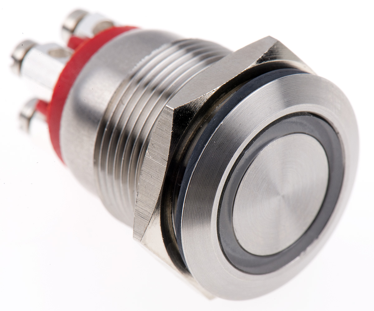 Bulgin MPI002 Series Illuminated Push Button Switch, Momentary, Panel Mount, 19.2mm Cutout, SPST, Red LED, 24V dc, IP66