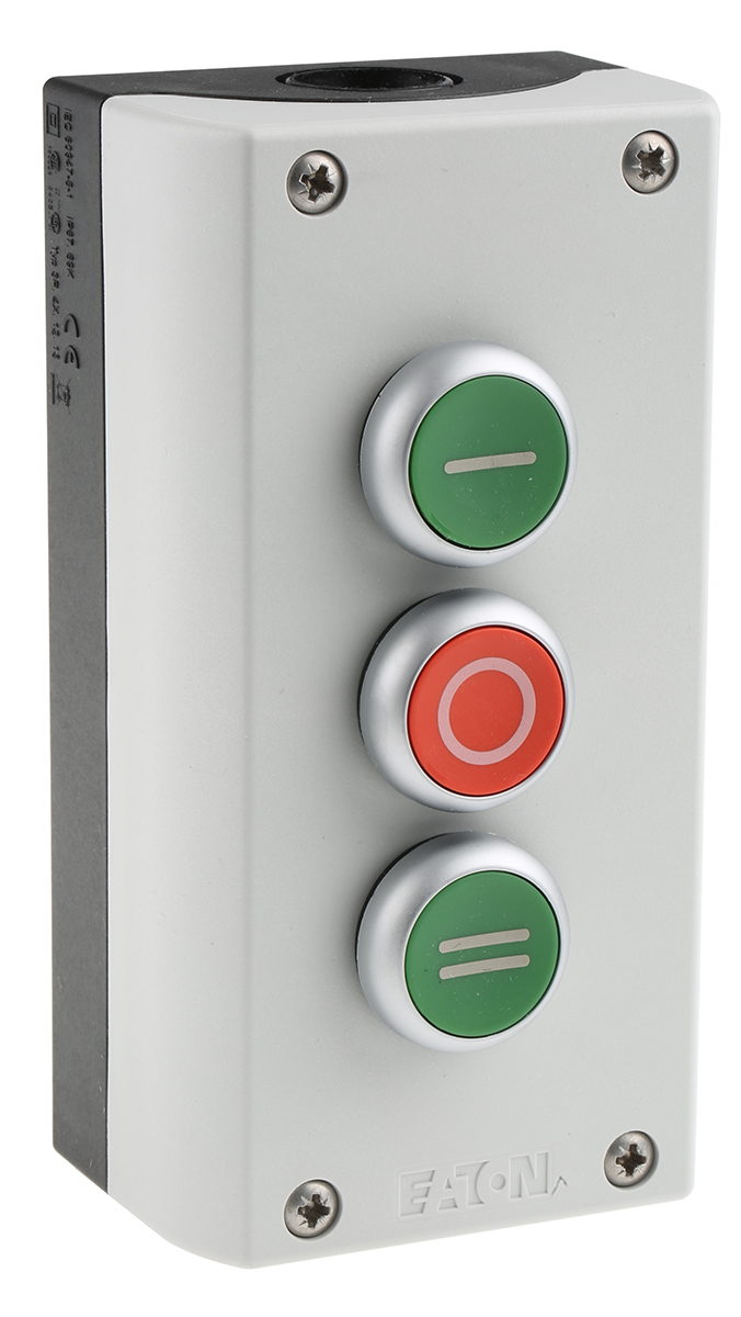 Eaton Momentary Enclosed Push Button - 3NO/3NC, Plastic, 3 Cutouts, Green/Red/Green, I/O/II, IP69K