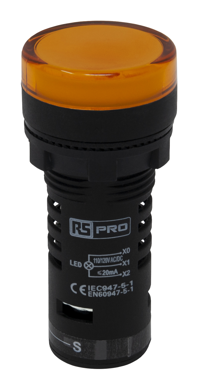 RS PRO, Panel Mount Yellow LED Pilot Light, 22mm Cutout, IP65, Round, 120V ac/dc