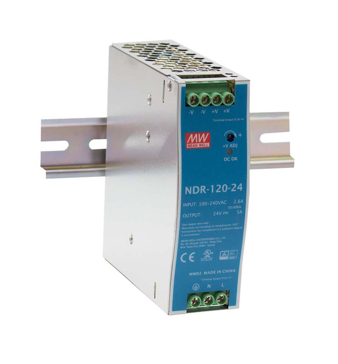 MEAN WELL NDR Switched Mode DIN Rail Power Supply, 90 → 264V ac ac Input, 12V dc dc Output, 10A Output, 120W