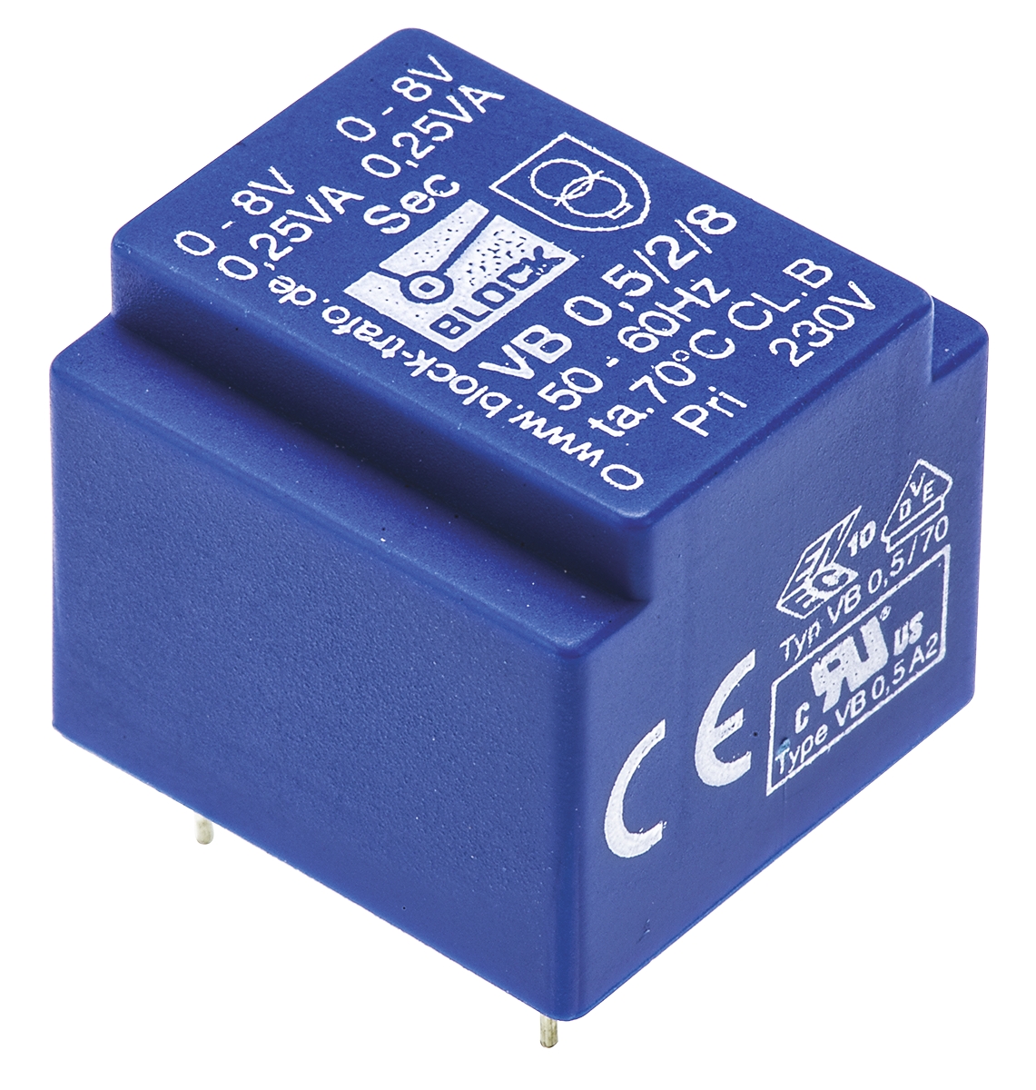 Block 8V ac 2 Output Through Hole PCB Transformer, 0.5VA
