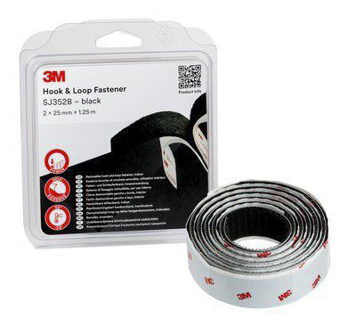 3M Black Hook & Loop Tape, 25mm x 1.25m