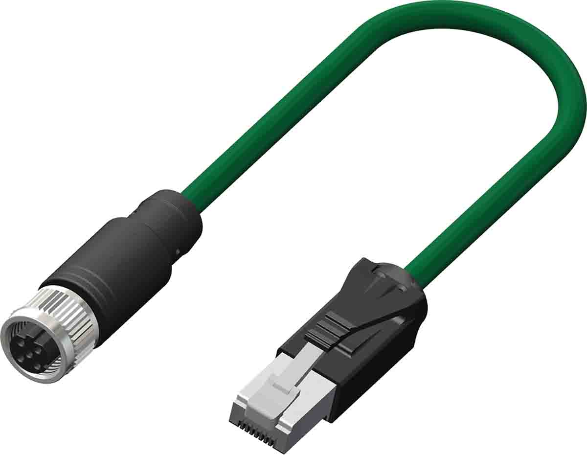 RS PRO, 10m Cat5e, Green M12 to Female RJ45 Male Shielded, Terminated PVC Sheath