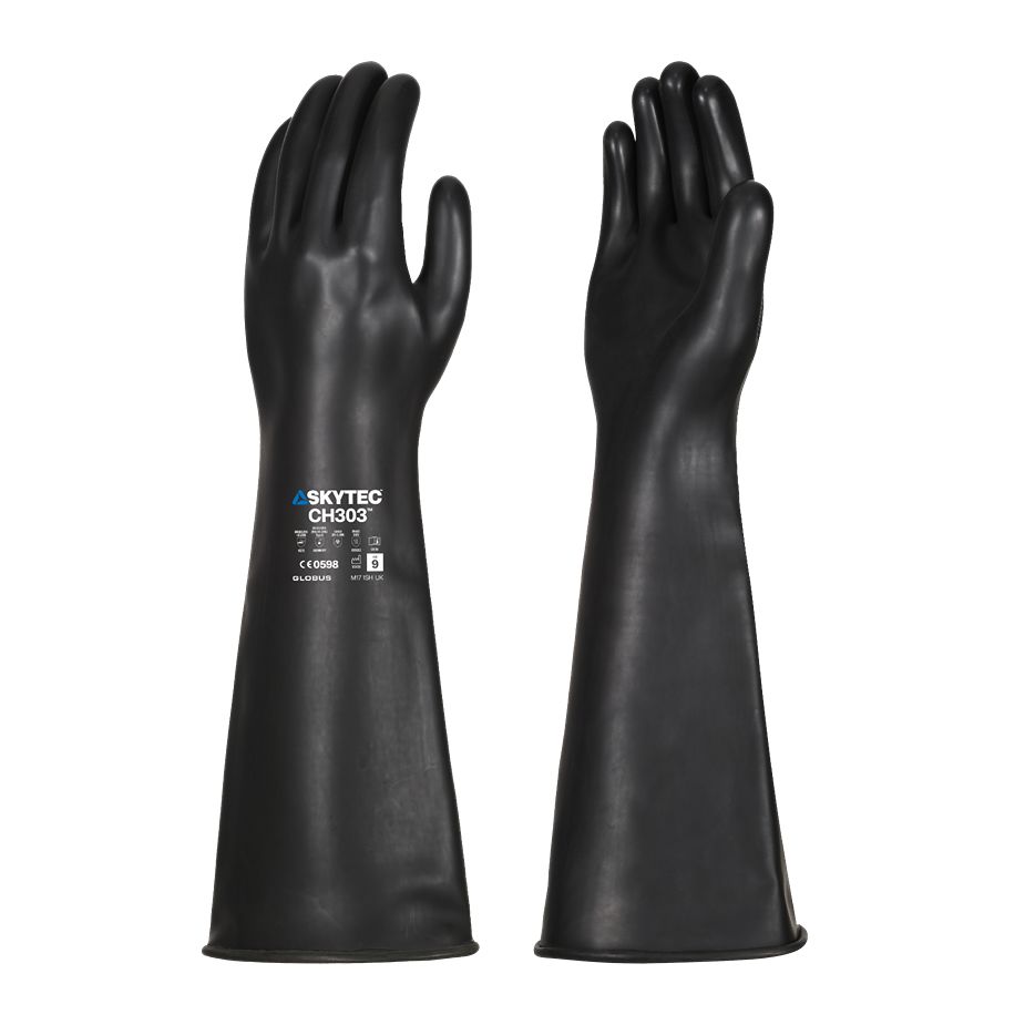 Skytec CH303 Black Natural Rubber Chemical Resistant Gloves, Size L, Natural Rubber Coating