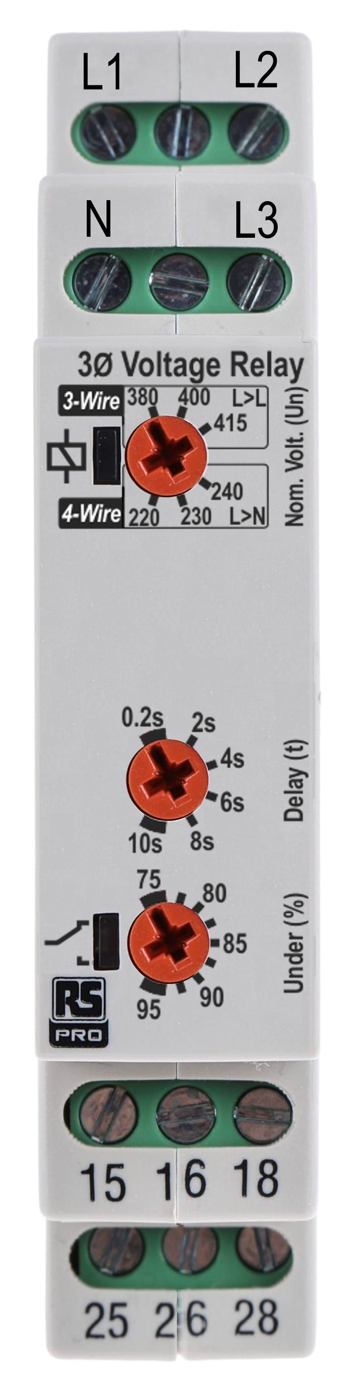 RS PRO Phase, Voltage Monitoring Relay, 3 Phase, DPDT, 243 → 540 V, DIN Rail, Surface Mount