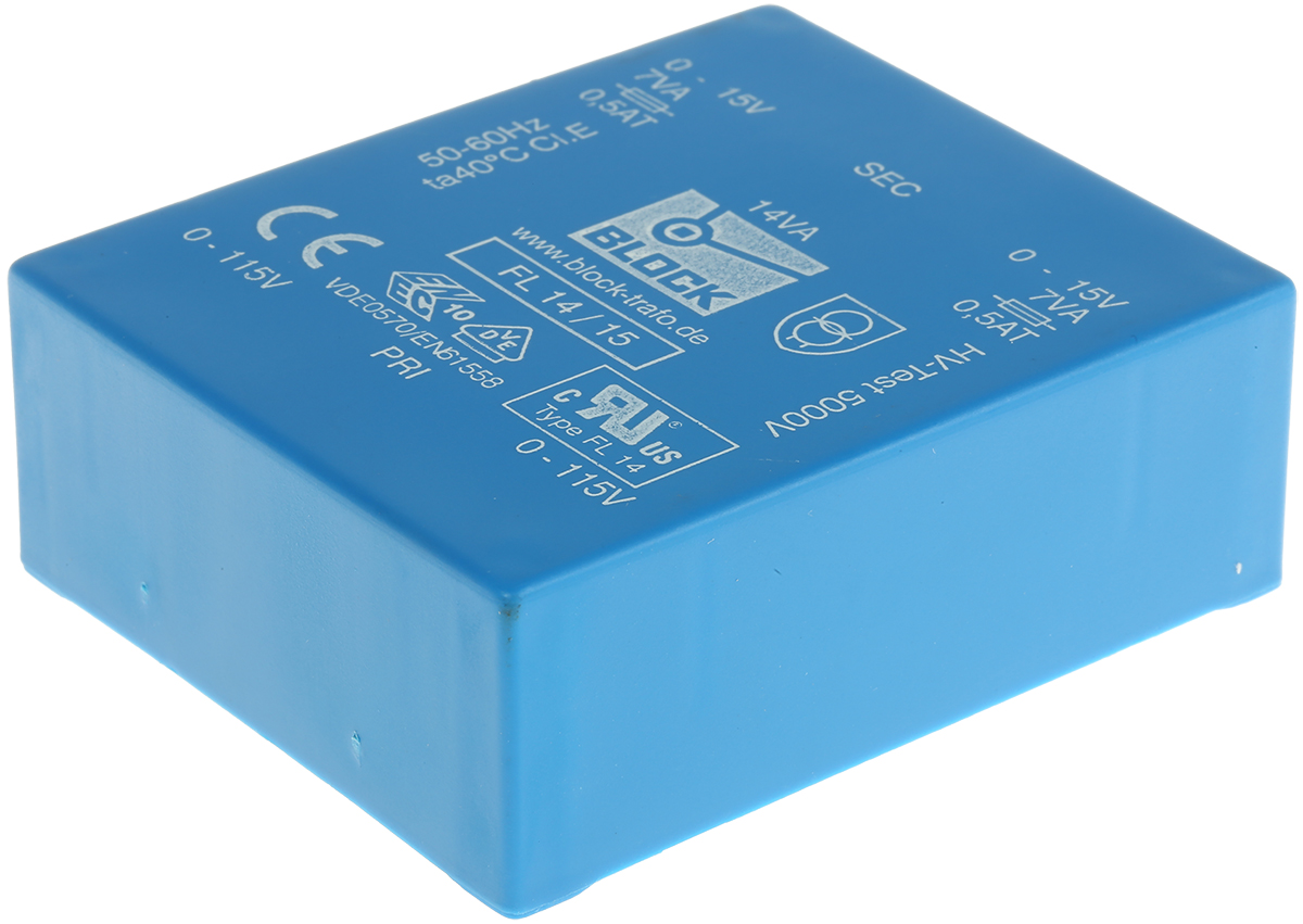 Block 15V ac 2 Output Through Hole PCB Transformer, 14VA
