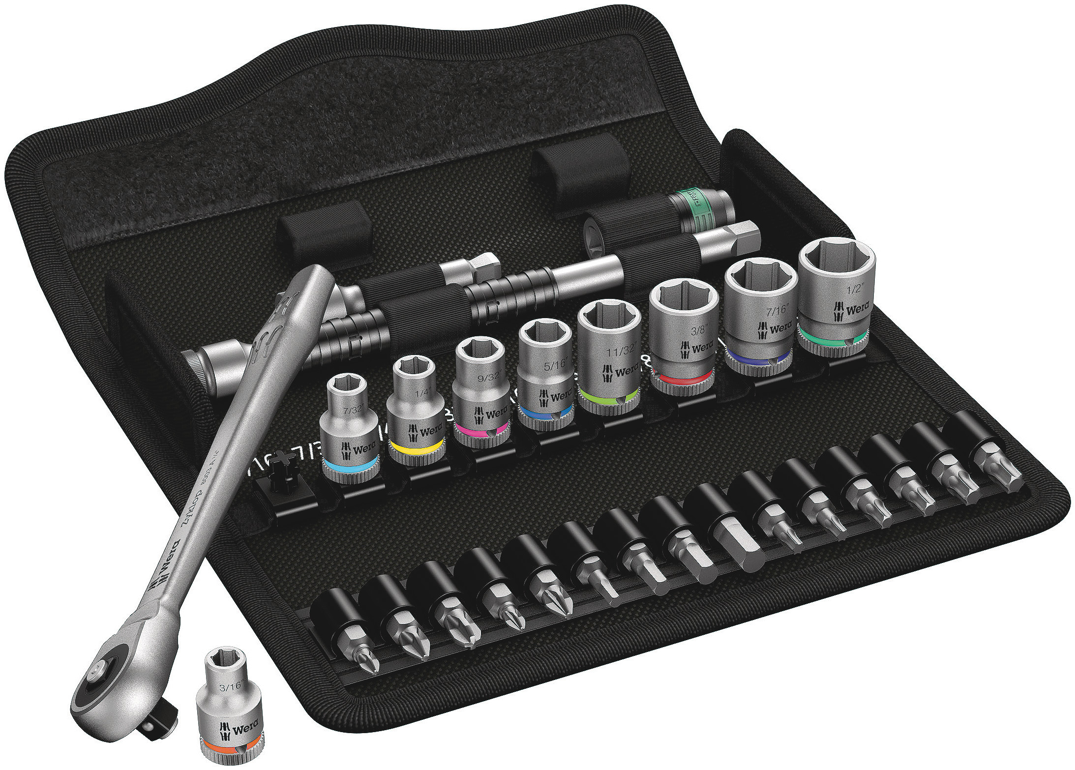 Wera 28-Piece Imperial 1/4 in Standard Socket/Bit Set with Ratchet, 6 point; Hex Bit; Phillips Bit; Pozidriv Bit; Torx