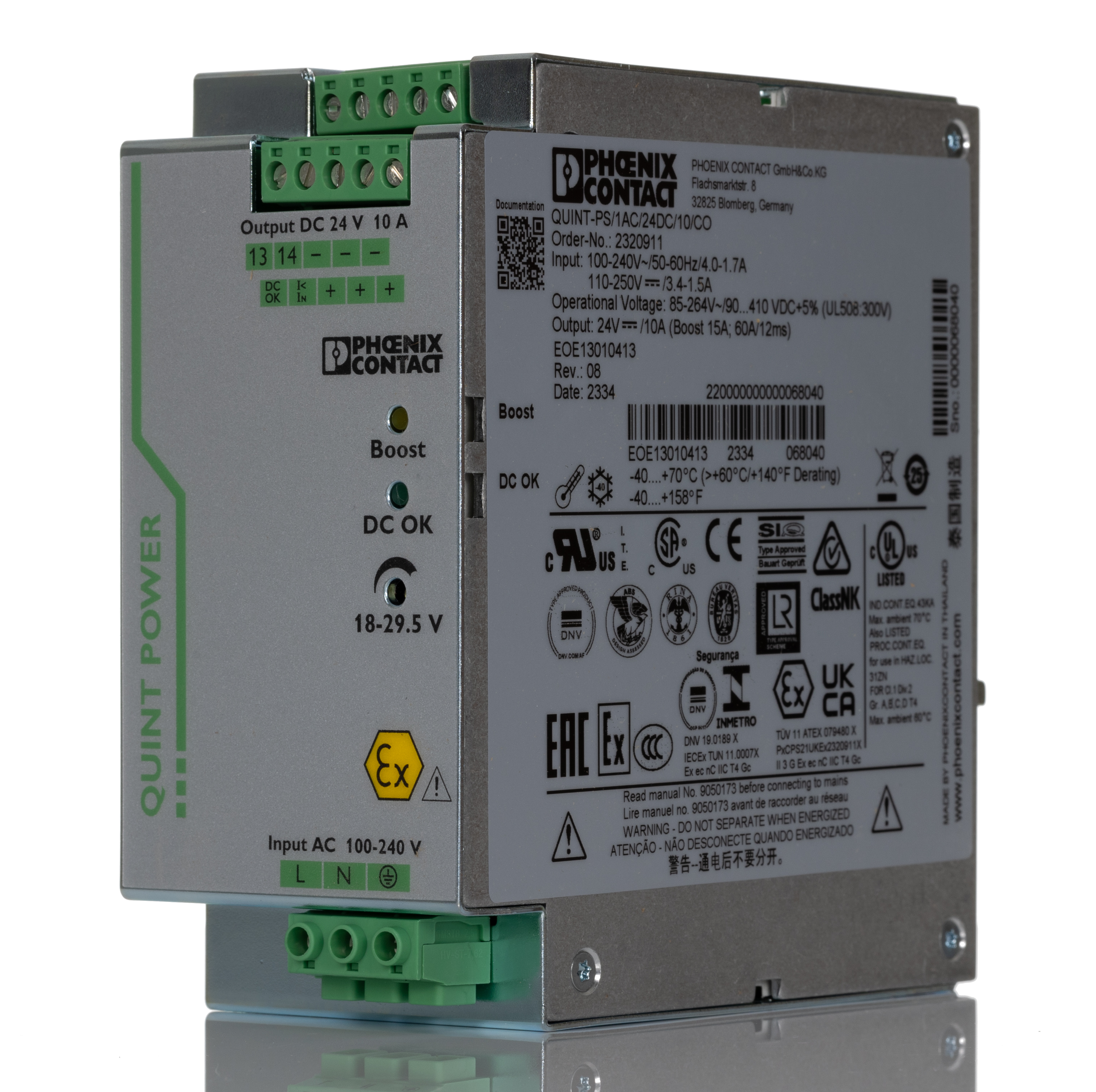 Phoenix Contact QUINT POWER Switched Mode DIN Rail Power Supply, 85 → 264V ac ac Input, 24V dc dc Output, 10A