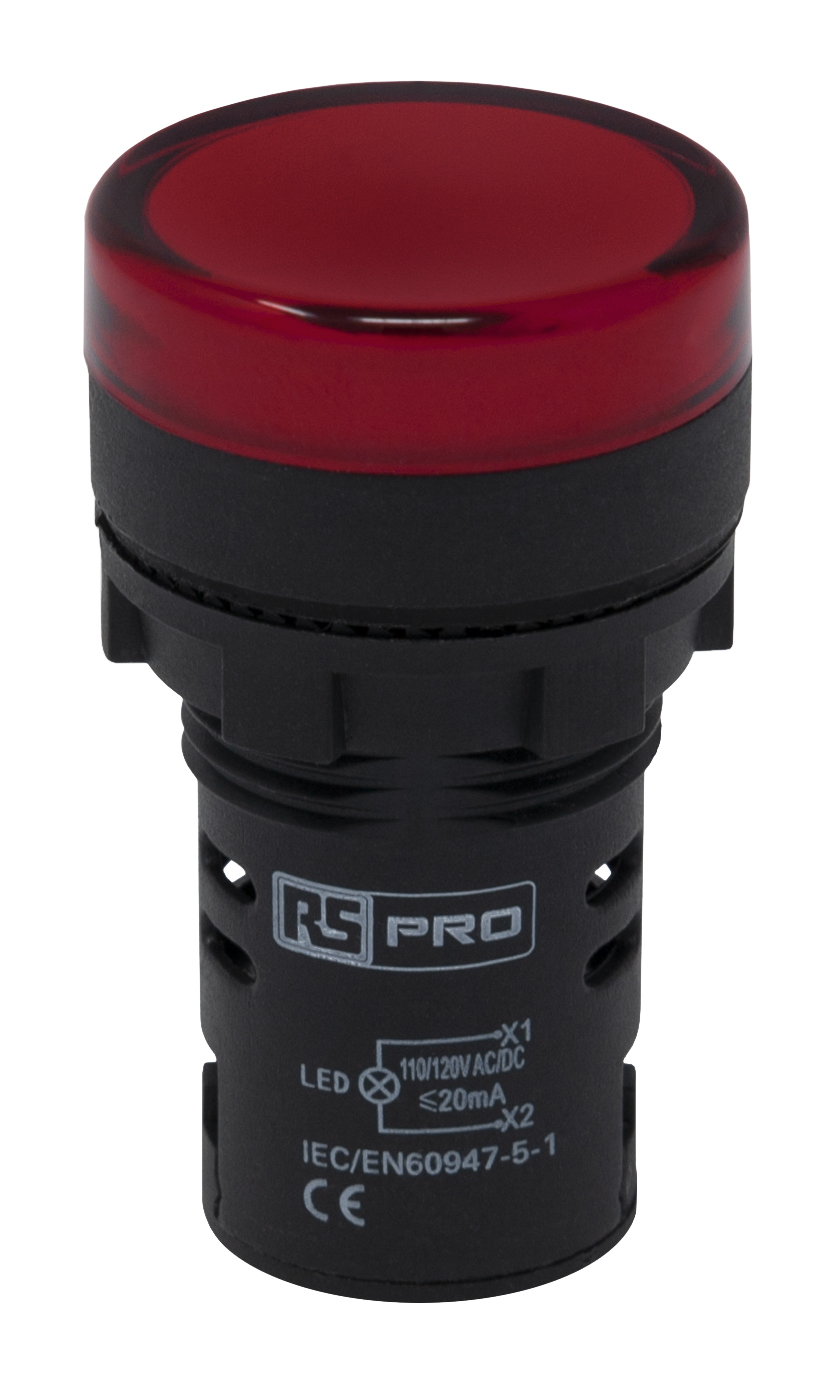 RS PRO, Panel Mount Red LED Pilot Light, 22mm Cutout, IP65, Round, 110V ac