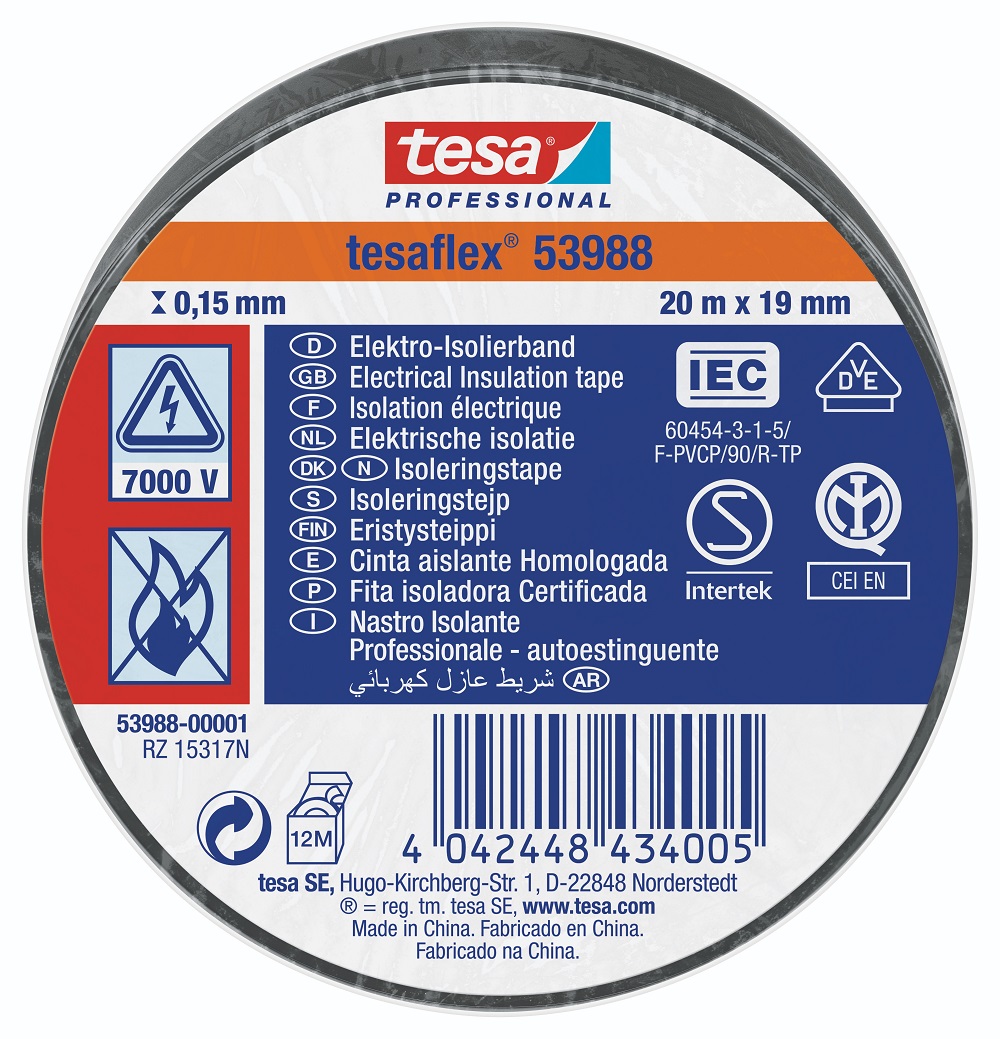 Tesa 53988 Black Soft PVC Electrical Insulation Tape, 19mm x 20m
