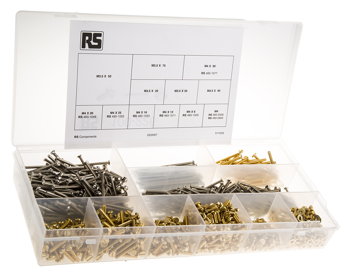 RS PRO Brass, Steel 1250 Piece Slot Drive Screw/Bolt, Nut & Washer Kit
